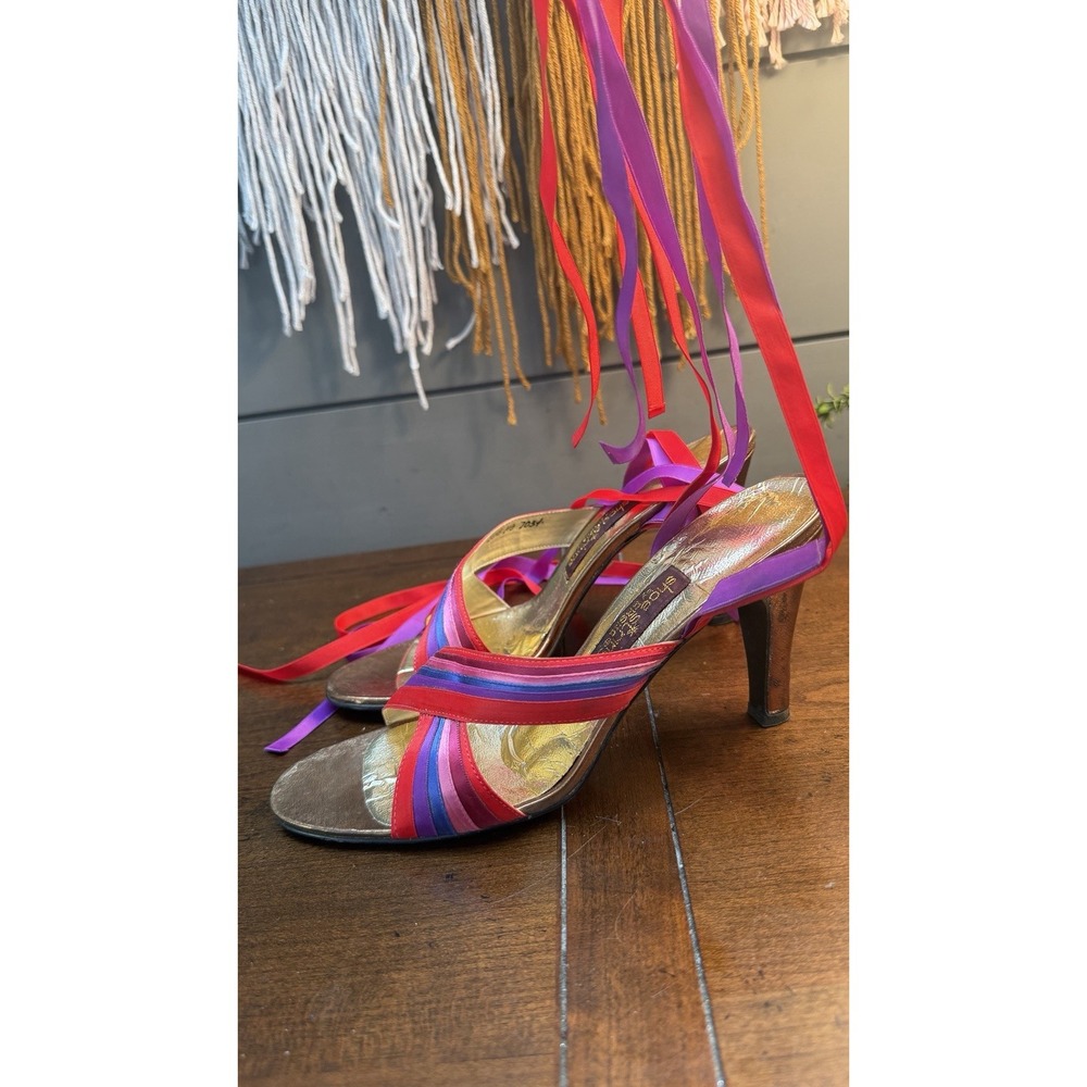 VTG Shoe Strings Women's Pink/Red/purple Striped Strappy Open Toe Stiletto Tie 6